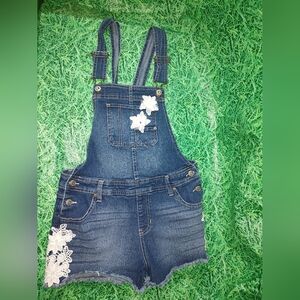 Jordache Denim overall shorts cutoffs XL 14-16 Embroidered Flowers Bling Pre-own